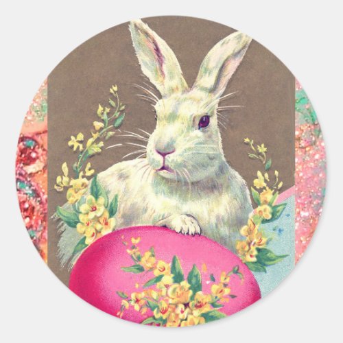 WHITE RABBIT WITH EASTER EGG AND SPRING FLOWERS CLASSIC ROUND STICKER