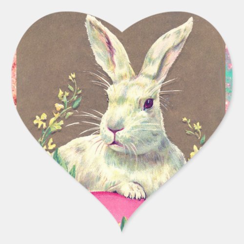 WHITE RABBIT WITH EASTER EGG AND SPRING FLOWERS HEART STICKER