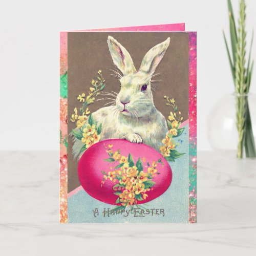 WHITE RABBIT WITH EASTER EGG AND SPRING FLOWERS HOLIDAY CARD
