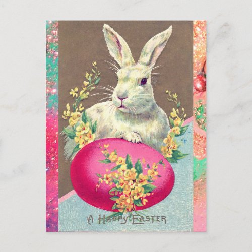 WHITE RABBIT WITH EASTER EGG AND SPRING FLOWERS HOLIDAY POSTCARD