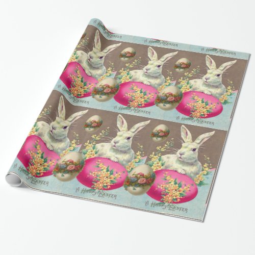 WHITE RABBIT WITH EASTER EGG AND SPRING FLOWERS WRAPPING PAPER