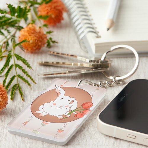 White Rabbit With Flowers Keychain