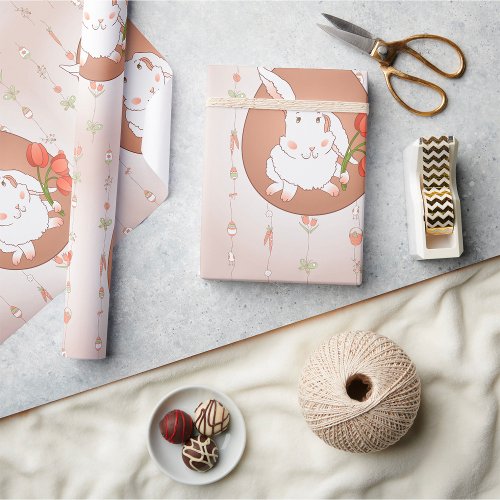 White Rabbit With Flowers Wrapping Paper