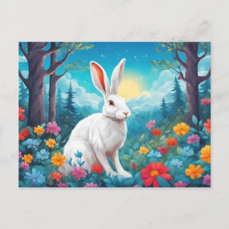 White Rabbit with Forest Flowers Nature  Holiday Postcard