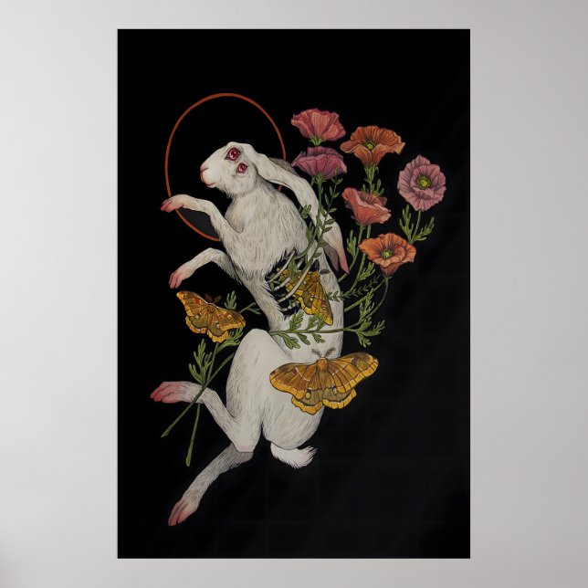 White Rabbit with Poppy flowers- Giclee Print from (Front)