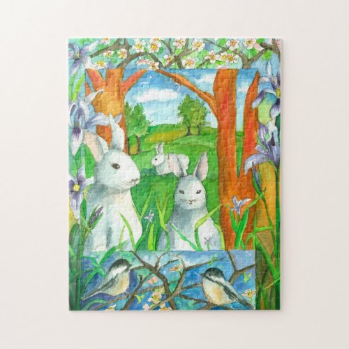 White Rabbits Chickadee Birds Spring Watercolor Jigsaw Puzzle