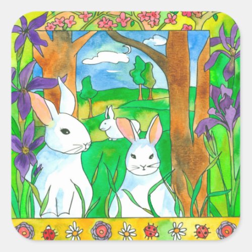 White Rabbits Easter Purple Iris Flowers Square Sticker