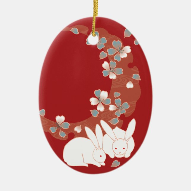White Rabbits Japanese Fine Art Ceramic Ornament (Front)