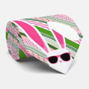 White Rabbits on Pink and Green Stripes, Easter Neck Tie