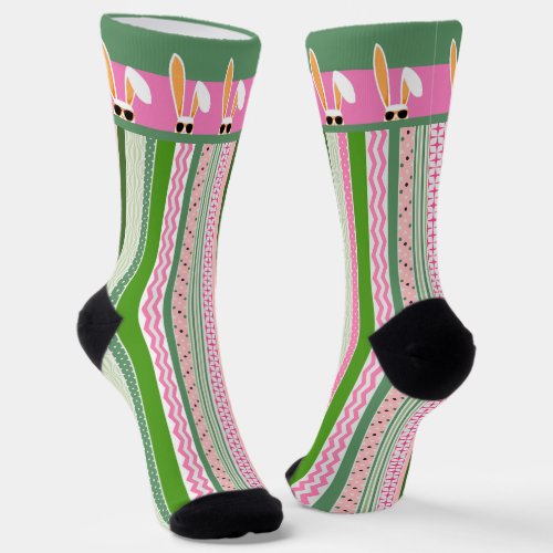 White Rabbits on Pink and Green Stripes Easter Socks