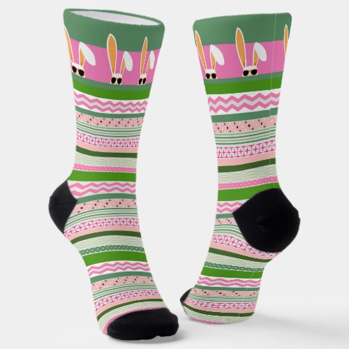 White Rabbits on Pink and Green Stripes Easter Socks