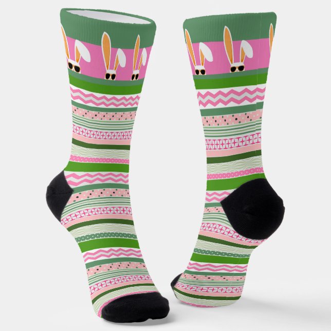 White Rabbits on Pink and Green Stripes, Easter Socks (Angled)