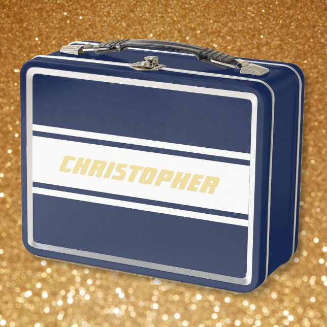 White Racing Stripes Gold Monogram Kids Boys Blue Metal Lunch Box (White Racing Stripes Gold Monogram Kids Boys Blue Metal Lunch Box)