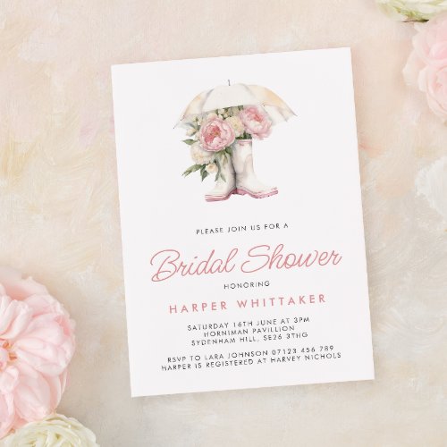 White Rain Boots  Pink Peonies Bridal Shower Invitation