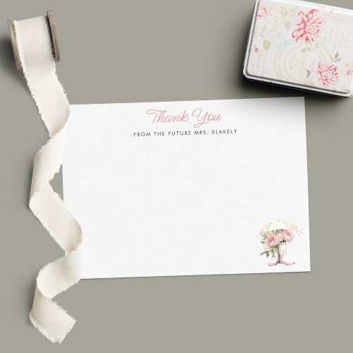 White Rain Boots  Pink Peonies Flat Bridal Shower Thank You Card