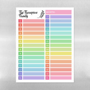 White Rainbow Days of the Month Family Planner Magnetic Dry Erase Sheet