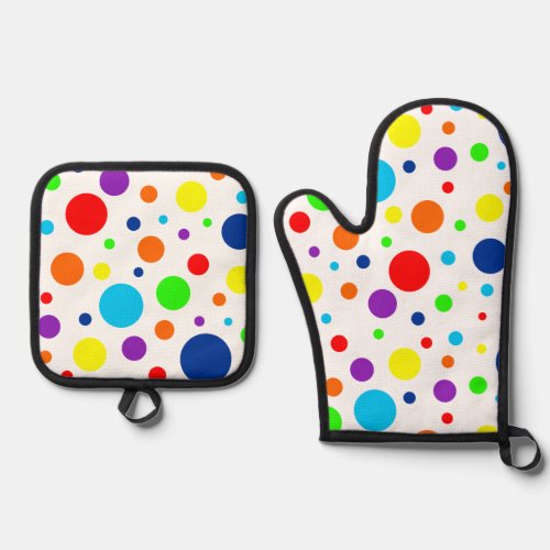 White Rainbow Spots Oven Mitt  Pot Holder Set