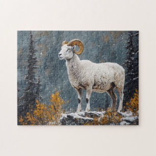 White Ram Standing on Snowy Mountain Jigsaw Puzzle