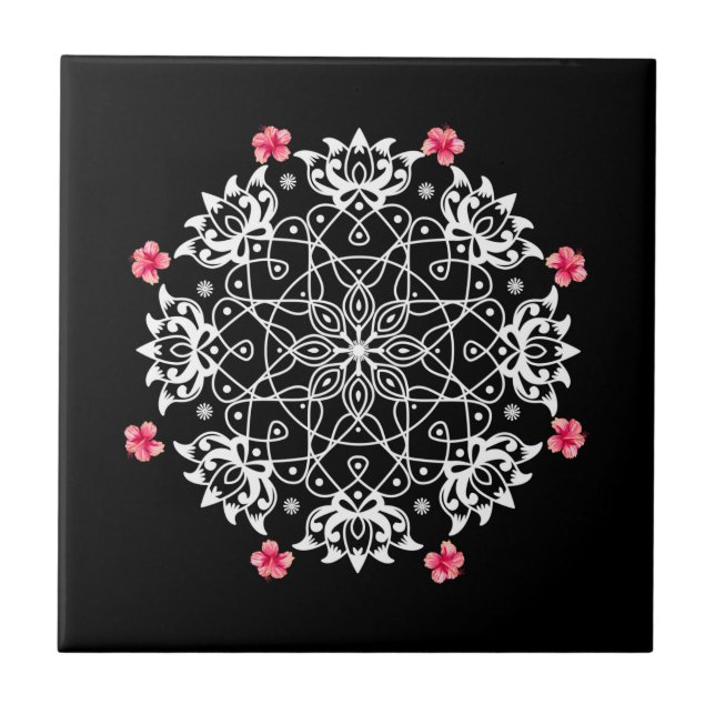 White Rangoli with hibiscus Ceramic Tile (Front)