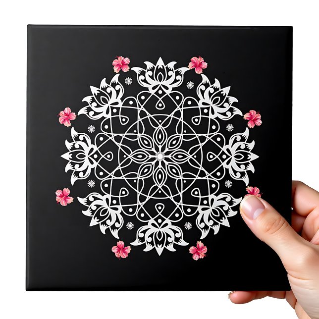 White Rangoli with hibiscus Ceramic Tile (White Rangoli with hibiscus Ceramic Tile)