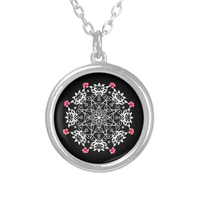 White Rangoli with hibiscus Silver Plated Necklace (Front)