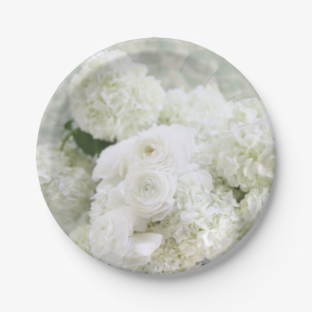 White ranunculus and hydrangeas paper plates (Front)