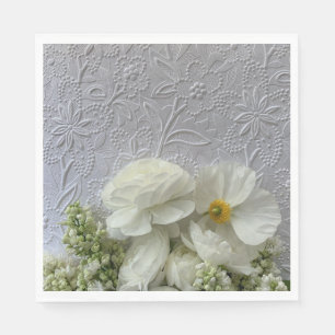 White ranunculus and lilacs with text space weddin napkins