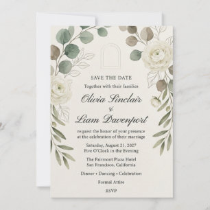 White Ranunculus, Eucalyptus, Olive Branch, Arch M Invitation