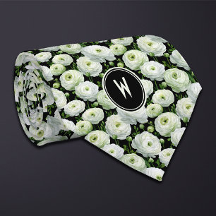 White Ranunculus Floral  Neck Tie