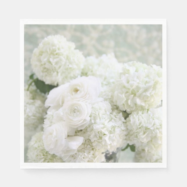 White ranunculus flowers with hydrangeas napkins (Front)
