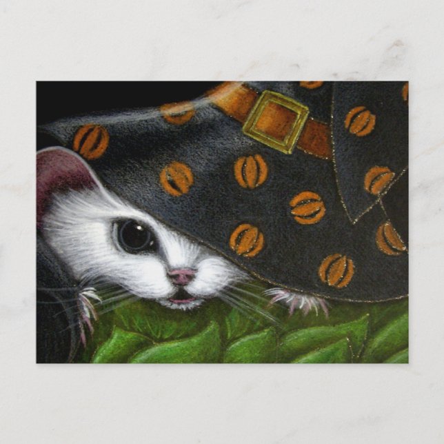 WHITE RAT MOUSE WITH WITCH HALLOWEEN HAT POSTCARD (Front)