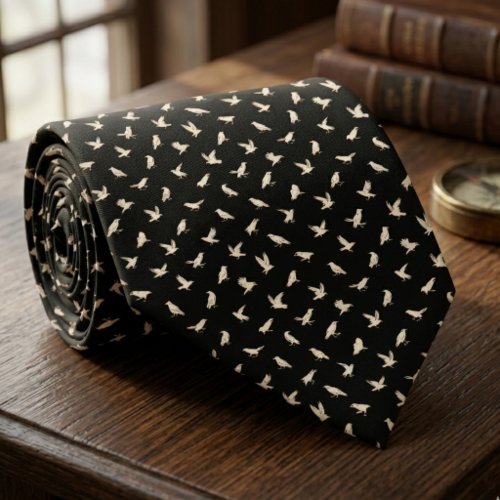 White Raven Bird Pattern – Gothic Groom Gift Neck Tie