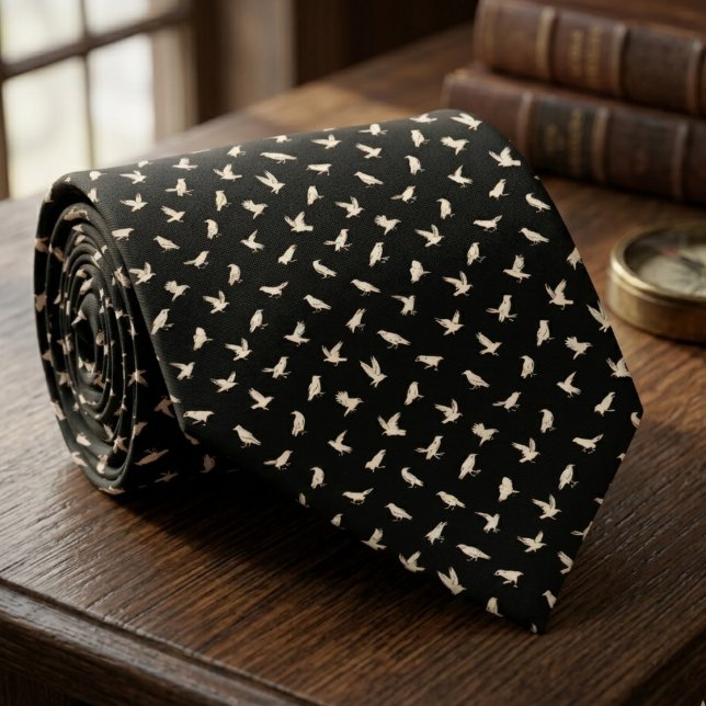 White Raven Bird Pattern – Gothic Groom Gift Neck Tie (White raven gothic black neck tie)