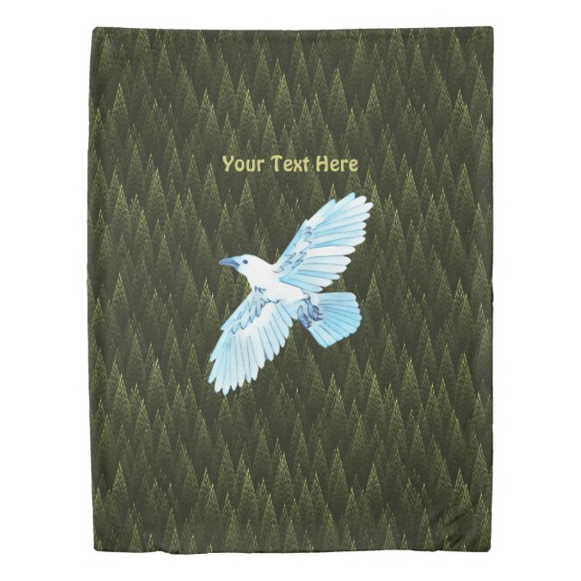 White Raven on Fractal Conifers Duvet Cover (Front)