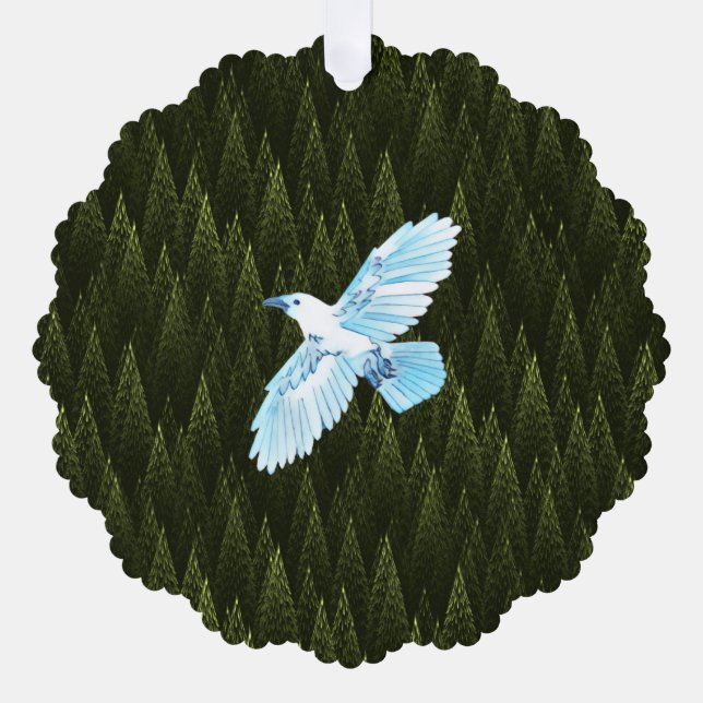 White Raven on Fractal Conifers Ornament Card (Front)