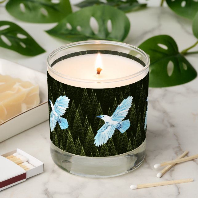 White Raven on Fractal Conifers Scented Candle (Lit)