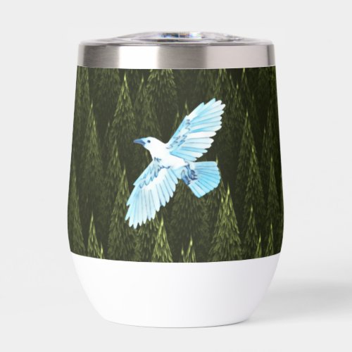 White Raven on Fractal Conifers Thermal Wine Tumbler