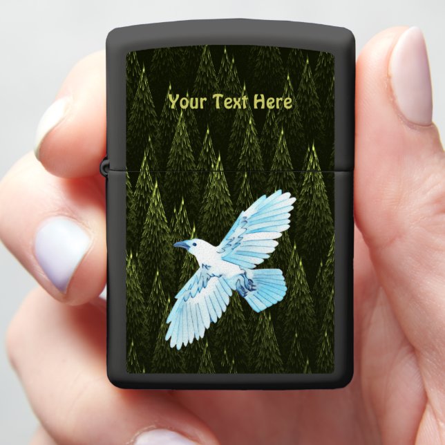 White Raven on Fractal Conifers Zippo Lighter (In Hand)