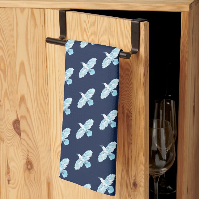 White Ravens on Blue Kitchen Towel (Thirds Fold)