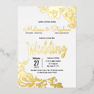 White Real Gold Floral Wedding Foil Invitation