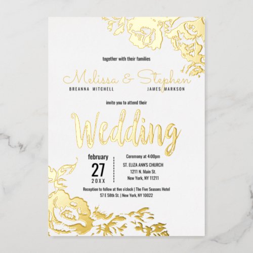 White Real Gold Floral Wedding Foil Invitation