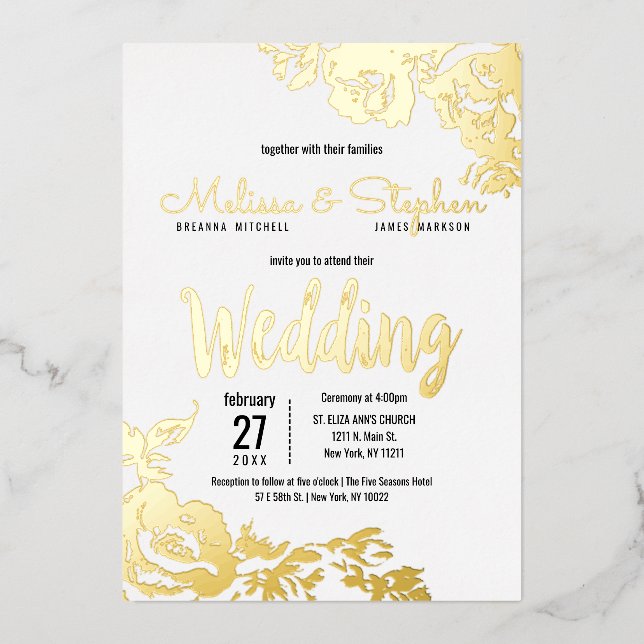 White Real Gold Floral Wedding Foil Invitation (Front)