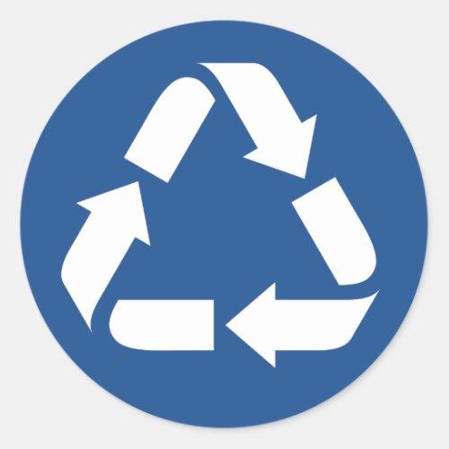 White recycle symbol on dark blue background classic round sticker