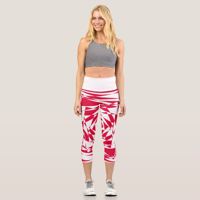 White & Red Abstract Illusion Capri Leggings  (Front)