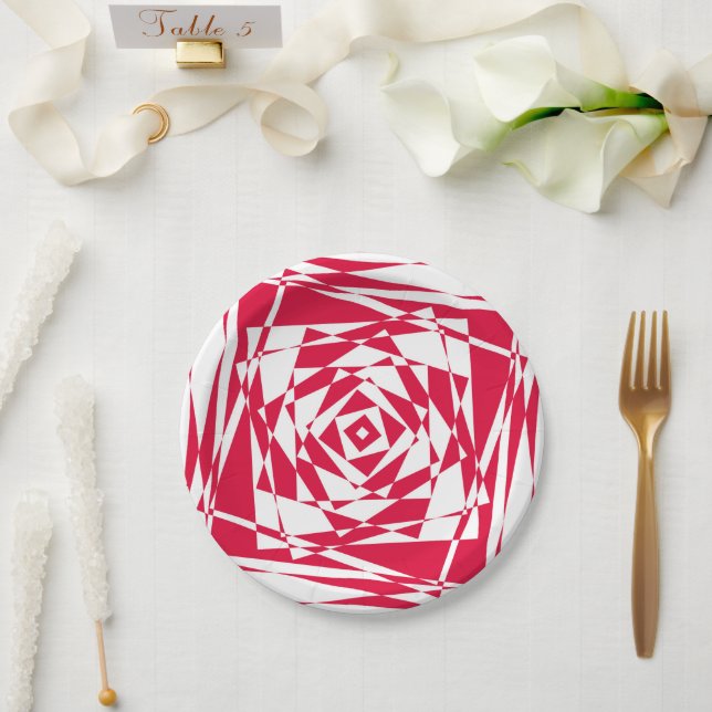 White Red Abstract Illusion Paper Plates – Modern  (Wedding)