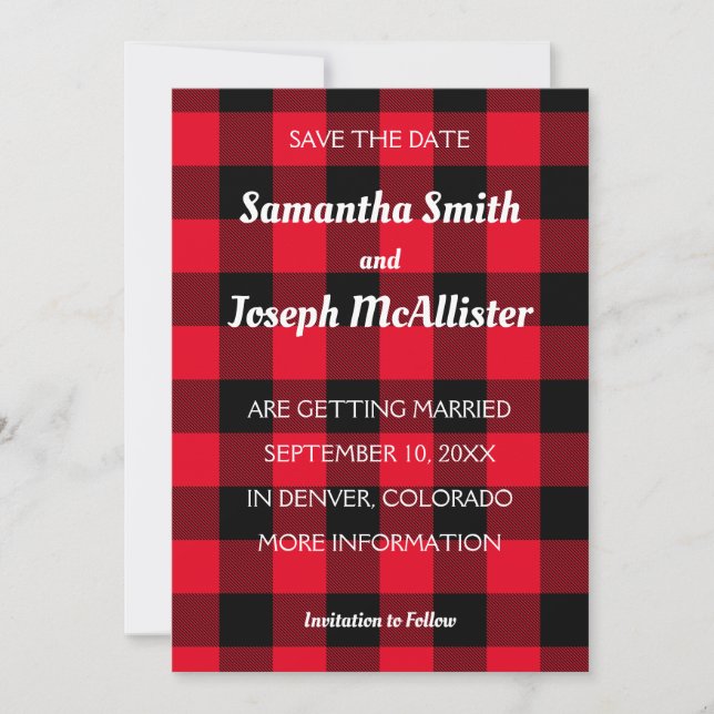 White Red and Black Buffalo Check Save the Date Invitation (Front)