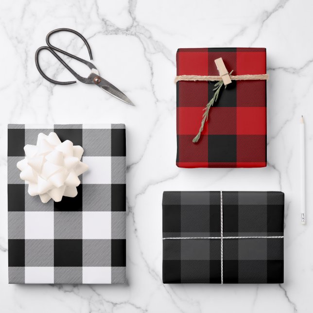 White Red And Charcoal Buffalo Plaid Canadiana Wrapping Paper Sheets (Front)