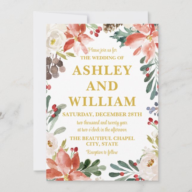 White Red and Gold Chic Christmas Greenery Wedding Invitation (Front)