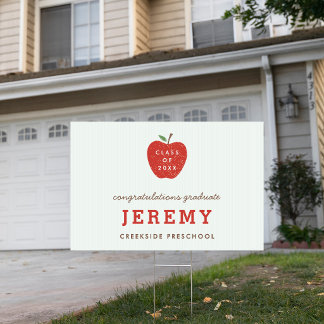 White Red Apple Preschool Graduation Yard Sign