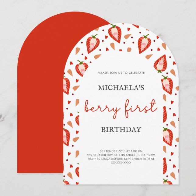 White Red Arch Berry First Birthday Invitation (Front/Back)
